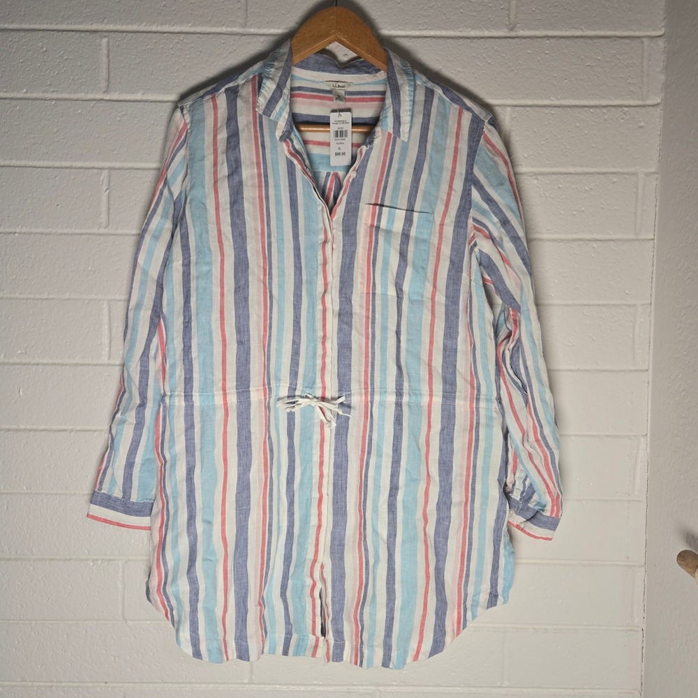 NWT LL Bean Linen Dress XL Pool Rainbow Striped Pride Resort Vacation Beach Boho